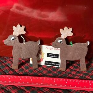 Set of 2 Hand Painted Wooden Red Nosed Reindeer Ornaments-Can Be Personalize